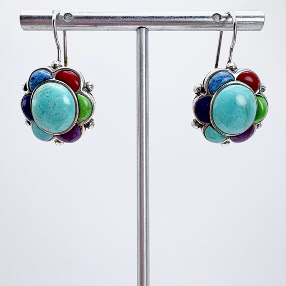 Sterling Silver 925 Multi-Color Turquoise Bezel Set Dangle Earrings Size 1.25" - Picture 1 of 9
